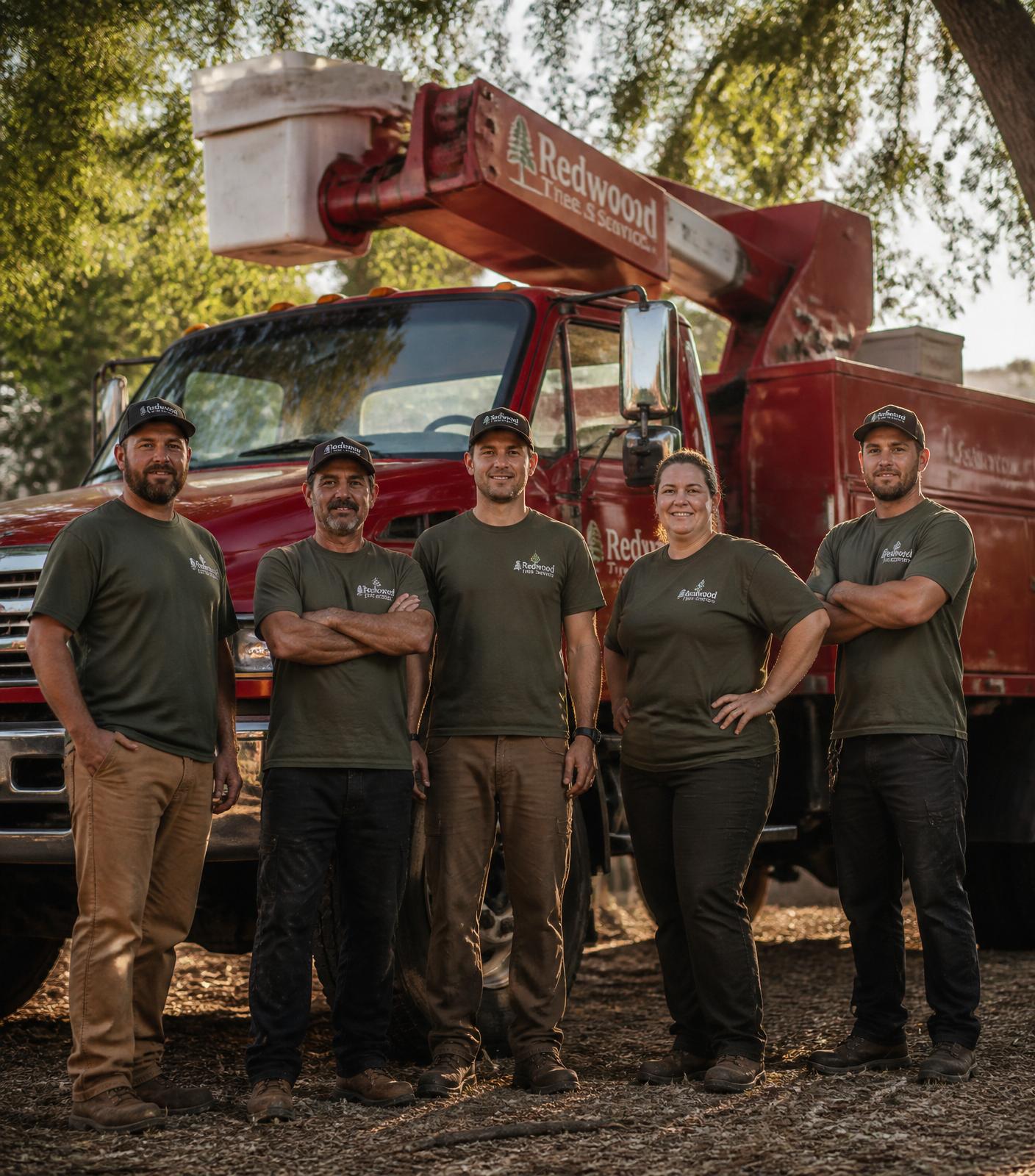 James Howard and the Howard Tree Service crew in front of a bucket truck